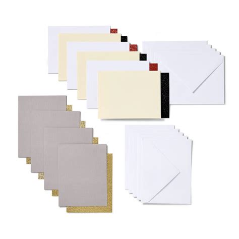 2007180 - Cricut Joy Insert Cards 10-Pack (Glitz And Glam); 10 cards (4 Taupe, 3 White, 3 Cream), 10 inserts (4 Gold Glitter, 3 Black Glitter, 3 Red Glitter), 10 White envelopes; Dimensions: Cards 4.25 in x 5.5 in (10.8 cm x 14 cm), Inserts 4 in x 5.25 in (10.2 cm x 13.3 cm), Envelopes 4.4 in x 5.75 in (11.1 cm x 14.6 cm); Create vibrant two-tone greeting cards without the mess or hassle of glue; Easy to cut with specialized Cricut Joy™ Card Mat (sold separately); For Cricut Joy™